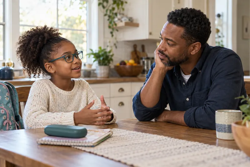 Illustrative scene of a father listening to his school-age daughter, who is wearing glasses, at their kitchen table.