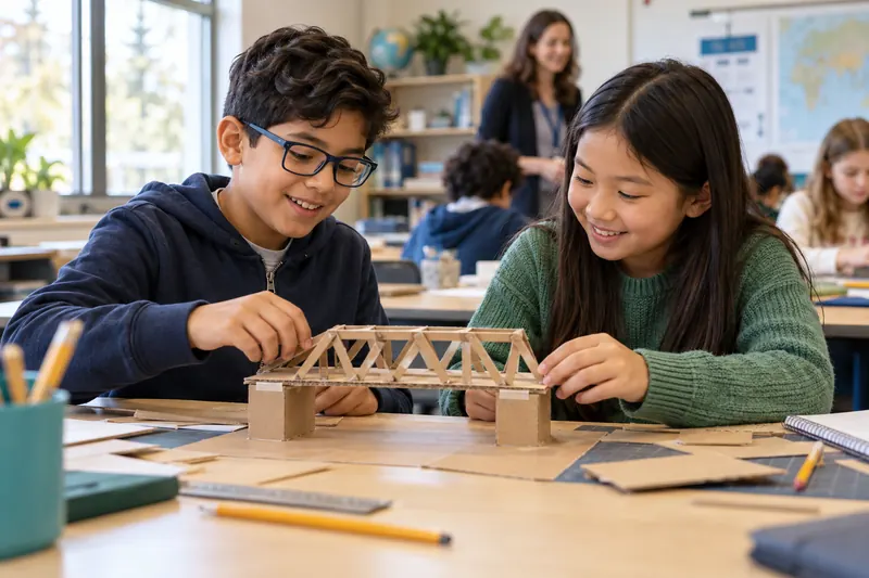 Illustrative scene of two school-age children collaborating on a classroom bridge project; one child is wearing glasses.