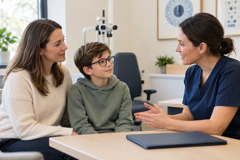 Illustrative scene of a child wearing glasses and a parent talking with an eye-care professional.