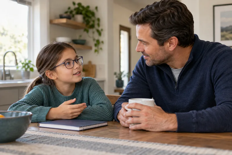 Illustrative scene of a school-age child wearing glasses talking with a parent at home.