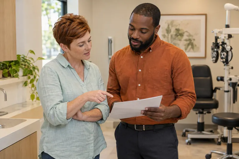 A parent and eye-care professional discuss a written treatment plan.