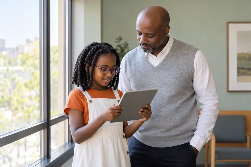 A child and her father look over information after an eye-care visit.