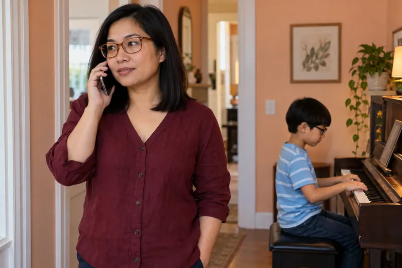 A parent calls the eye-care practice while her child stays nearby.