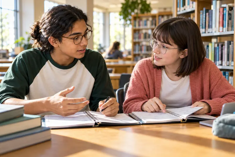 Two teenagers organize school plans together in a library.