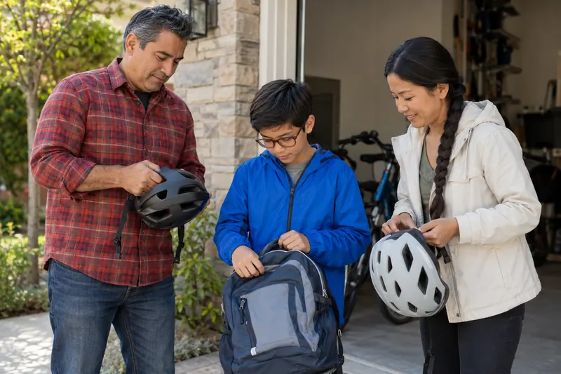A family gathers helmets and a bag before an outing.