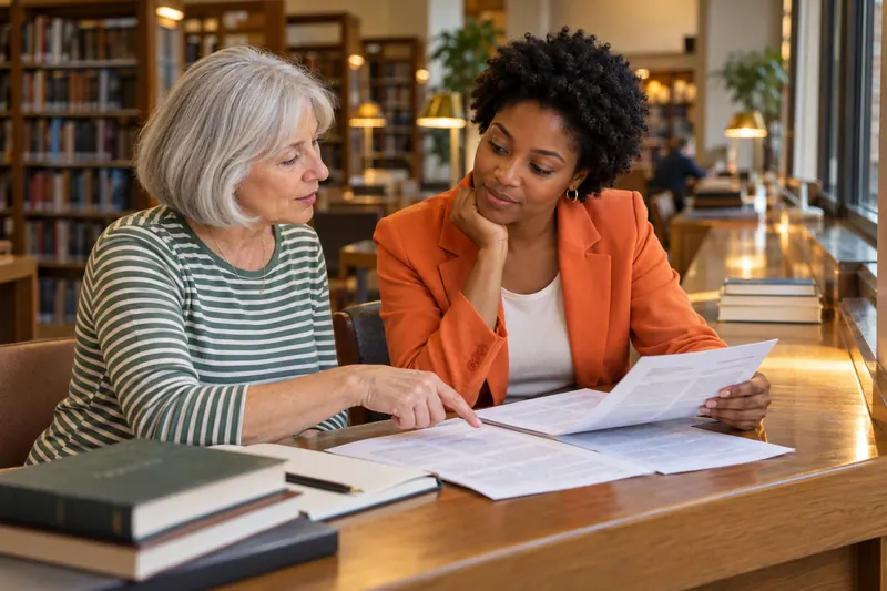 Two adults discuss research papers at a library reading counter.