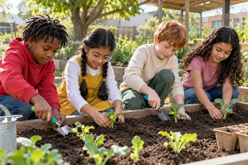 Children work together in an outdoor school garden.