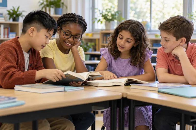 Students work on a classroom reading project.