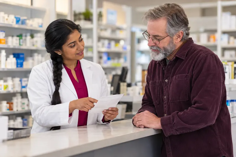 A caregiver and pharmacist discuss a prescription at the counter.