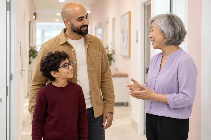 A child and father are welcomed at an eye-care appointment.