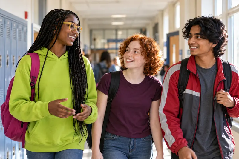 A teen with glasses talks with classmates between lessons at school.