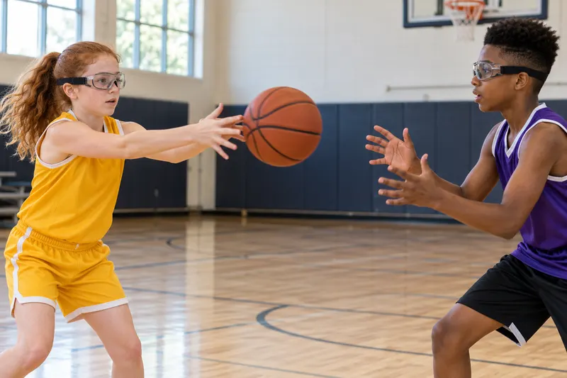 Two children in protective sports goggles practice a basketball pass.