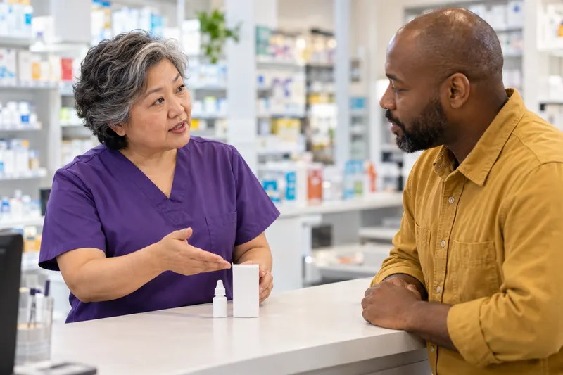 A caregiver asks a pharmacist about a closed prescription bottle and its packaging.