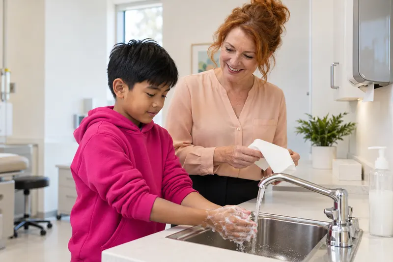 A child practices washing hands while an eye-care professional offers a clean towel.