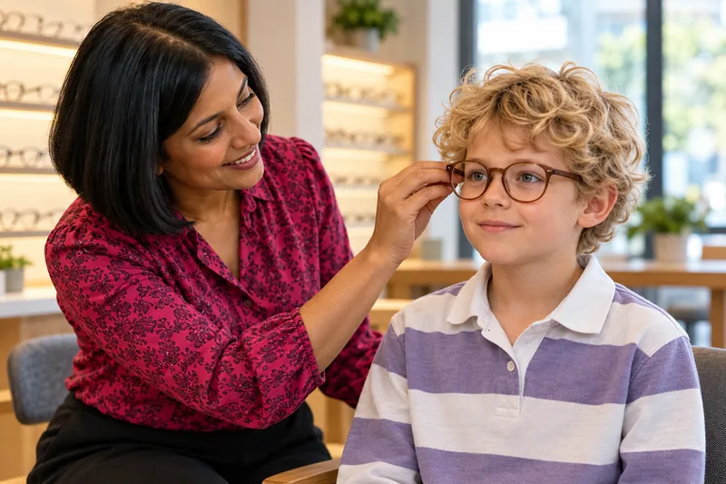 An eye-care professional gently checks the side of a child’s real glasses frame in an optical shop.