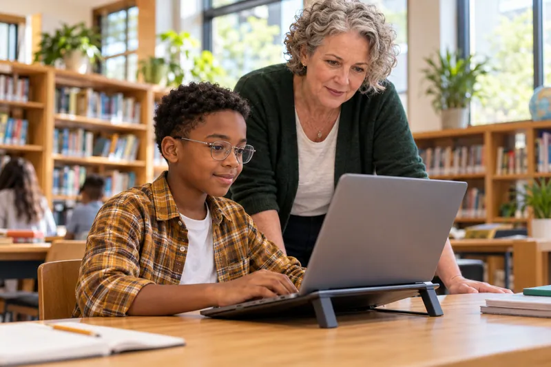 A student and teacher use a laptop in a school media room.