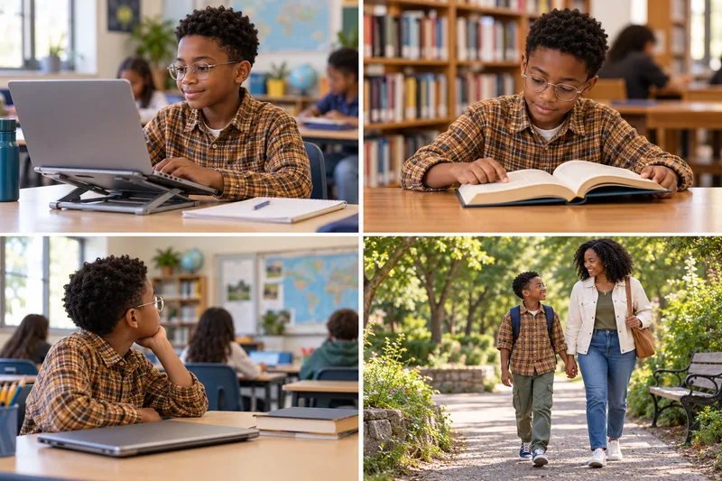 Four routine examples: a child uses a school laptop, reads a paper book, pauses to look across the classroom and walks outdoors with a caregiver.