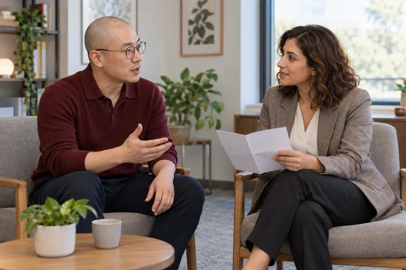 Two adults discuss an information sheet in a counseling room.