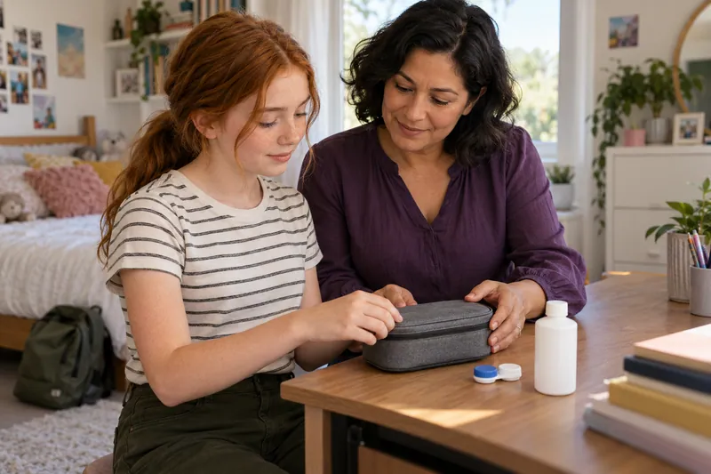 A teenager and caregiver organize closed lens-care supplies.
