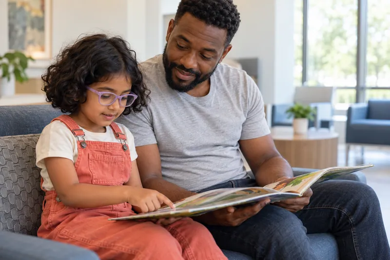 A six-year-old and caregiver share a book before an appointment.