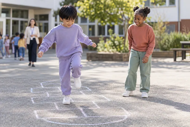 Two children play a courtyard game during a school break.