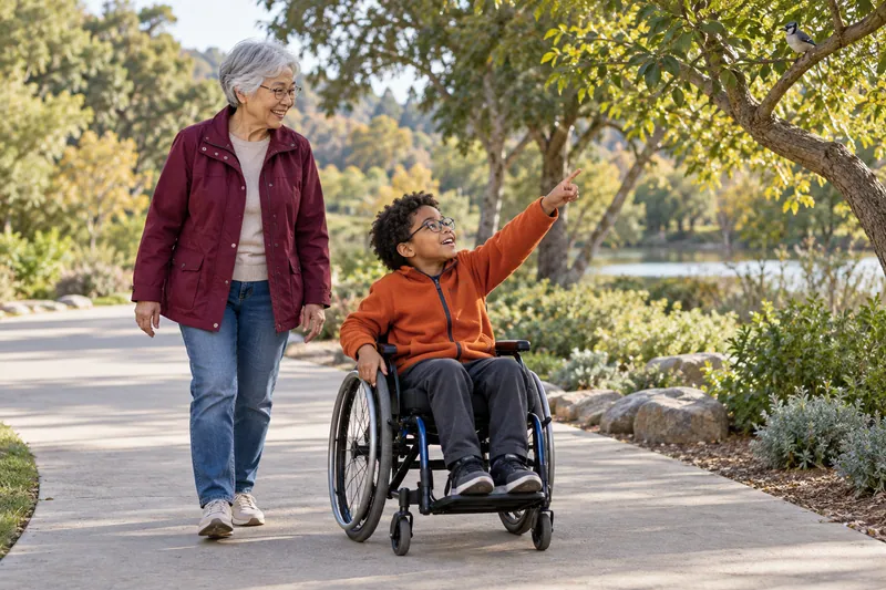 A child and grandparent enjoy an accessible park path.