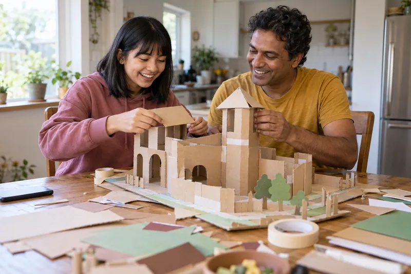 A teenager and caregiver work on a cardboard project together.