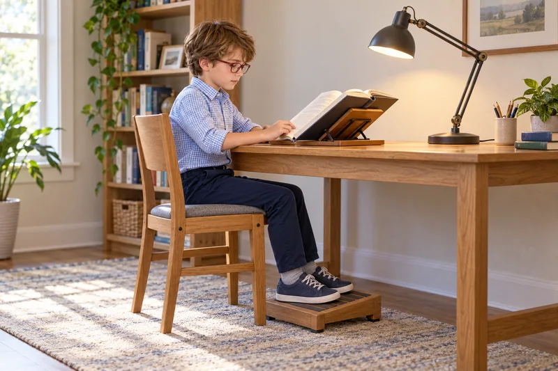 A child sits at a real desk with an open book on a low stand, a desk lamp aimed toward the page and both feet resting on a stable footrest.