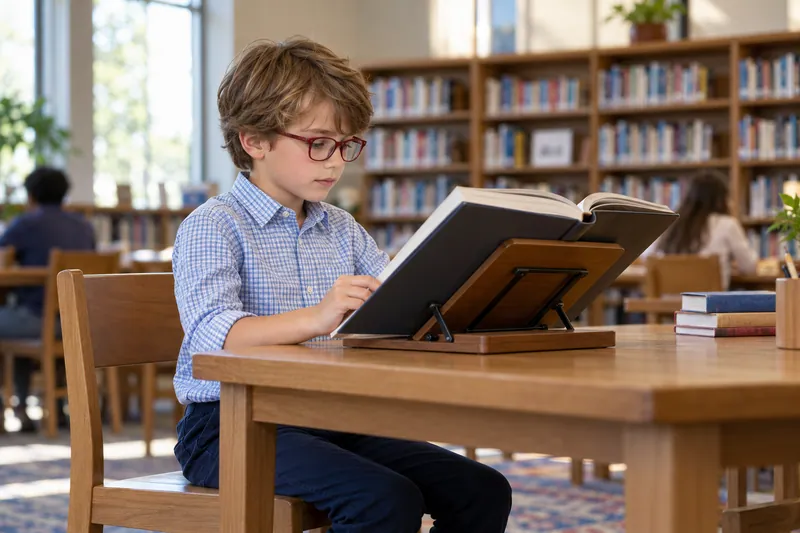 A child reads at a library table with a book stand.