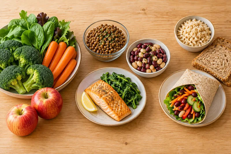 Recognizable vegetables, apples, cooked lentils and beans, cooked fish, rice, bread and a vegetable-and-bean wrap on a kitchen table.