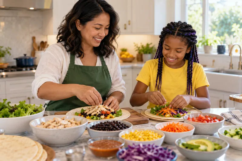 A child and caregiver prepare a meal with varied ingredients.