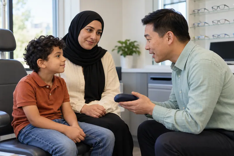 A child, caregiver and eye-care professional talk during a visit.