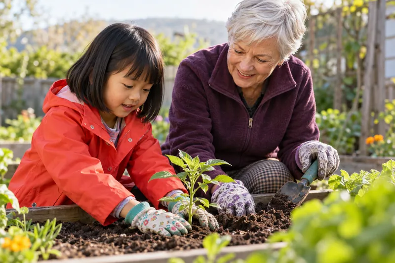 A school-age child and grandmother plant a seedling in an outdoor garden bed.
