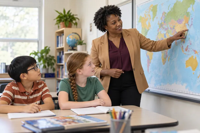 A teacher explains a wall map to two school-age children, one wearing glasses.
