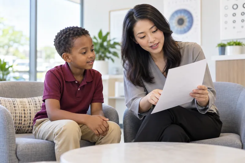 A child and an eye-care professional discuss an examination sheet in a clinic.