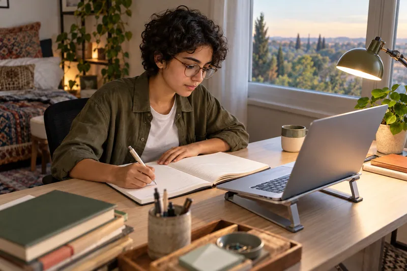 A teenager studies with a notebook, supported laptop and desk lamp beside a window.