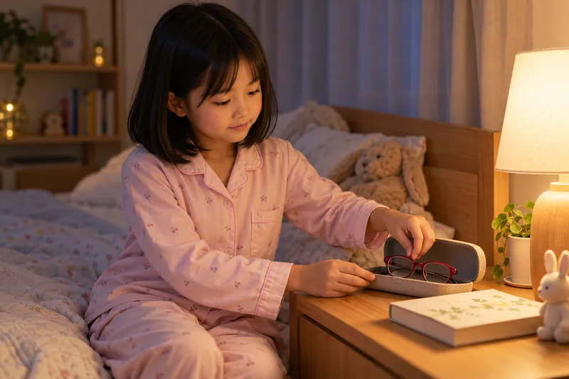 A school-age child places red glasses in a hard case beside the bed.