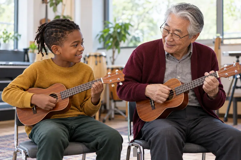 A child and an older adult play ukuleles together in a music room.