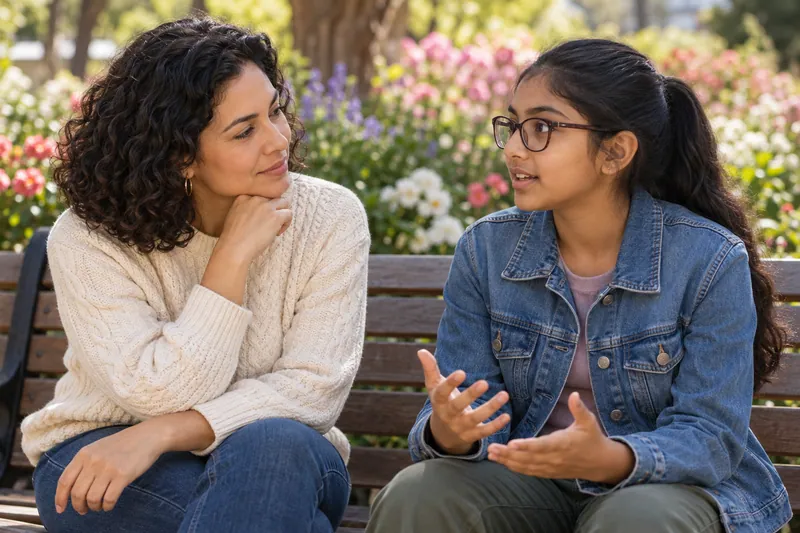 A caregiver listens to a teenager wearing glasses during a calm conversation on a garden bench.