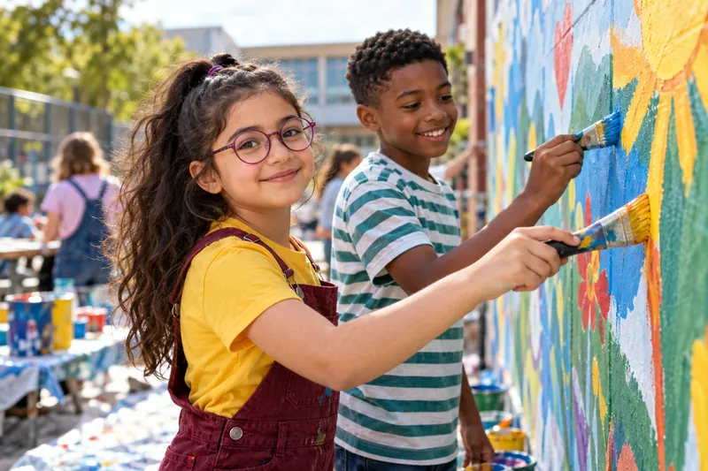 Two children work together on a school art project.