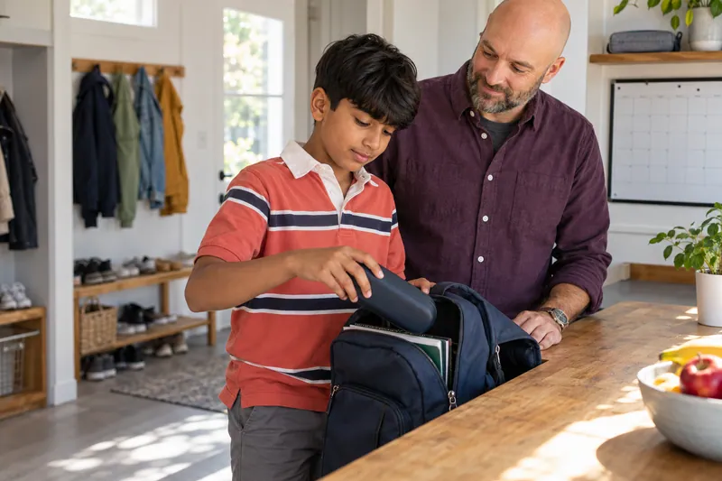A child and caregiver prepare a school bag near the door.