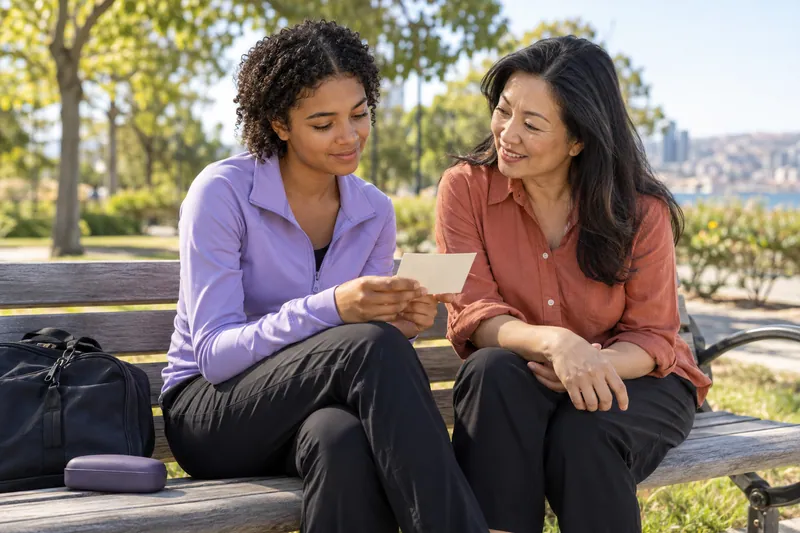 A teenager and caregiver discuss the next appointment beside a sports bag.