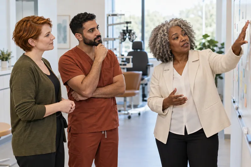 A clinical team reviews a care pathway together.