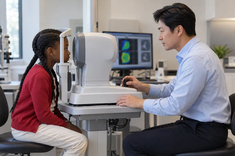 A clinician obtains a corneal-shape measurement from a child.