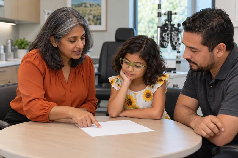 A family and clinician discuss a printed care plan at the same table.