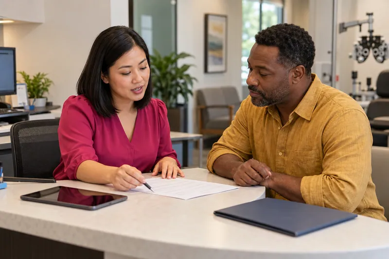 A coordinator explains a fee sheet to a parent.