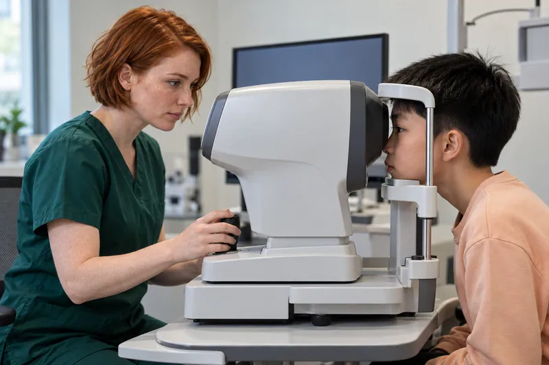 A technician checks alignment during noncontact eye-length measurement.