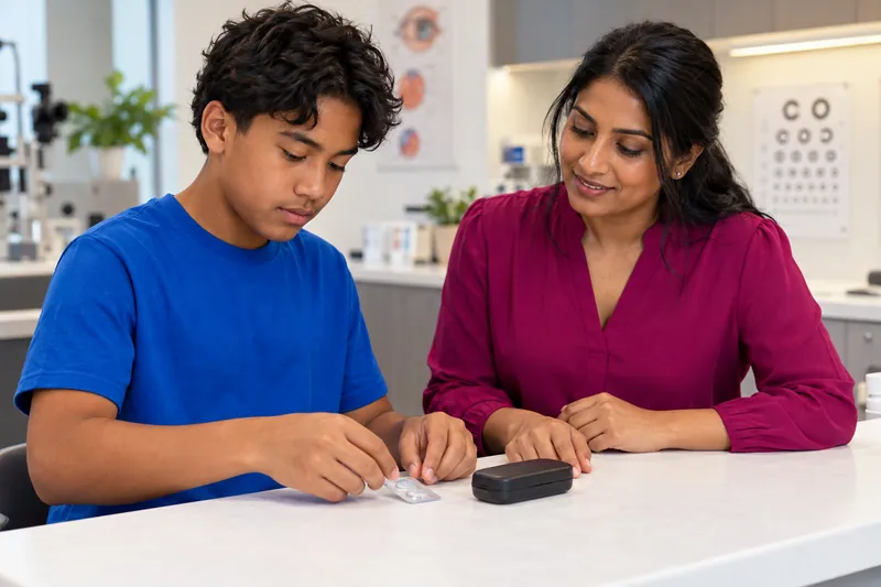 A child and clinician organize supplies on a dry training counter.