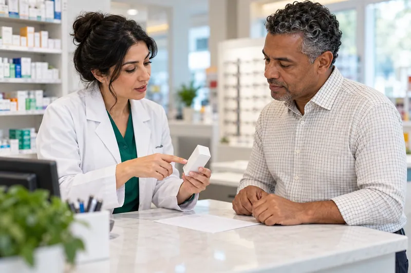 A pharmacist and clinician discuss a sealed eye-drop preparation.